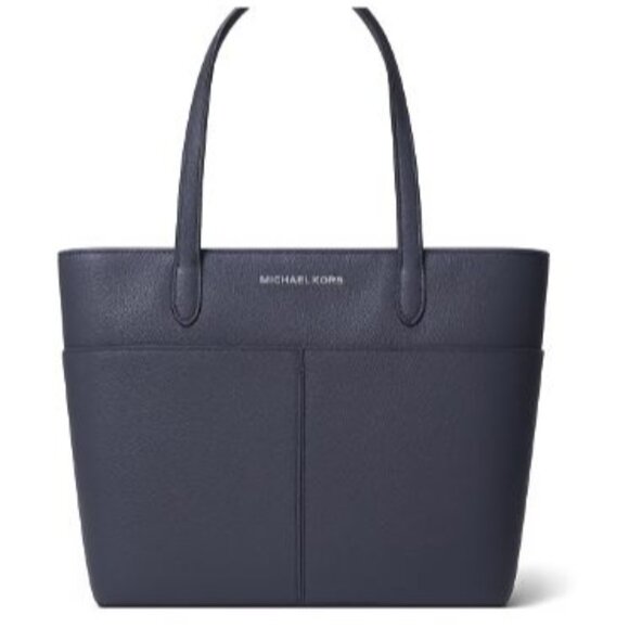 Michael Kors Logo Navy Blue Leather Tote Bag Purse | Dual Handles Front Pockets - Picture 1 of 15
